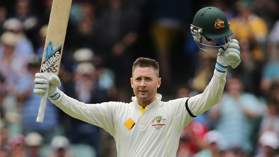 ADELAIDE, AUSTRALIA - DECEMBER 06: Michael Clarke of Australia celebrates after he scored his century during day two of the Second Ashes Test Match between Australia and England at Adelaide Oval on December 6, 2013 in Adelaide, Australia. (Photo by Morne de Klerk/Getty Images)